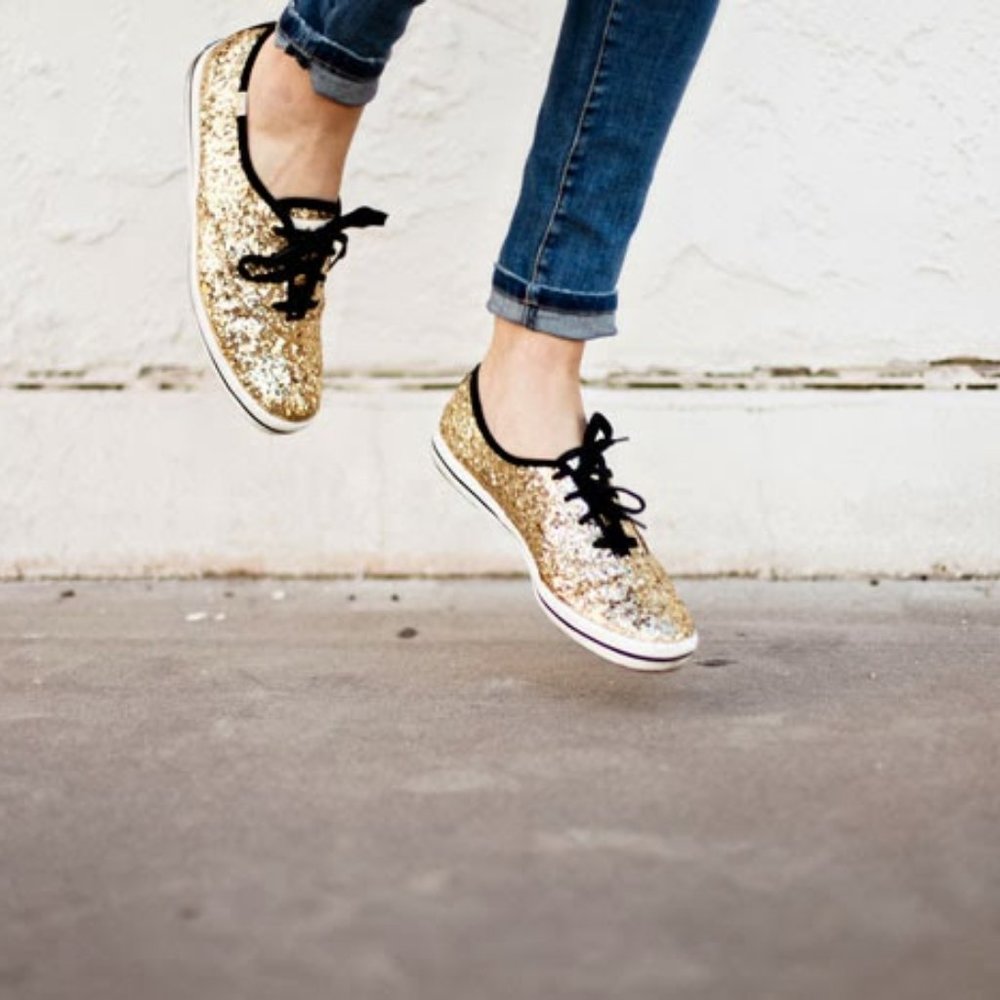 Kate Spade Keds Gold Glitter Sneaker Canvas Cushion Lace-Up